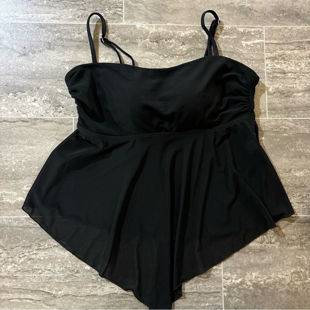 Sheer Mesh Asymmetrical Cutout Swim Top Tankini Black Flowy Babydoll Y2K Sz L - Picture 5 of 11
